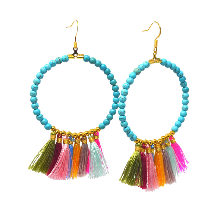 Turquoise Tassel Hoop Earrings - Bette
