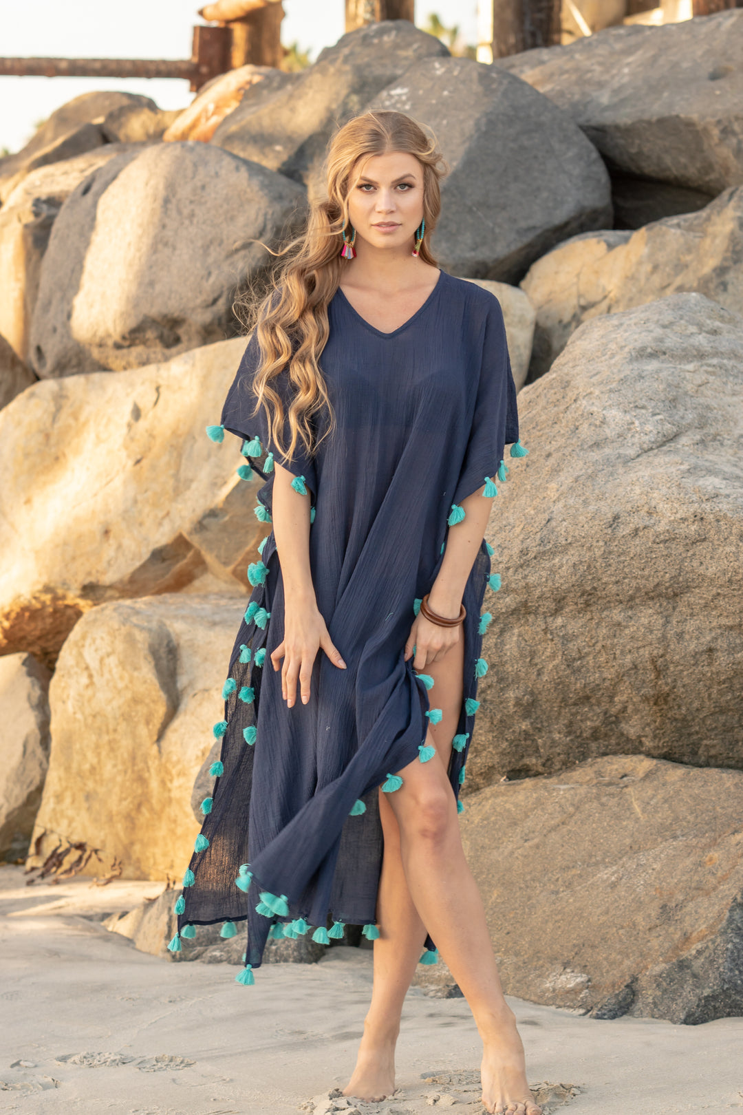 Positano Caftan in Navy with Turquoise Tassel - Bette